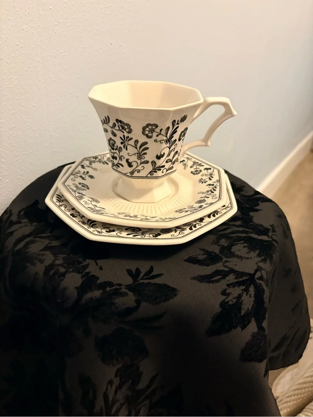 Black & White Floral Teacup with Matching Saucer Set